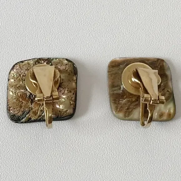 Vintage Abalone Shell Square Abstract Modernist Clip On Earrings Gold Tone - Picture 6 of 9